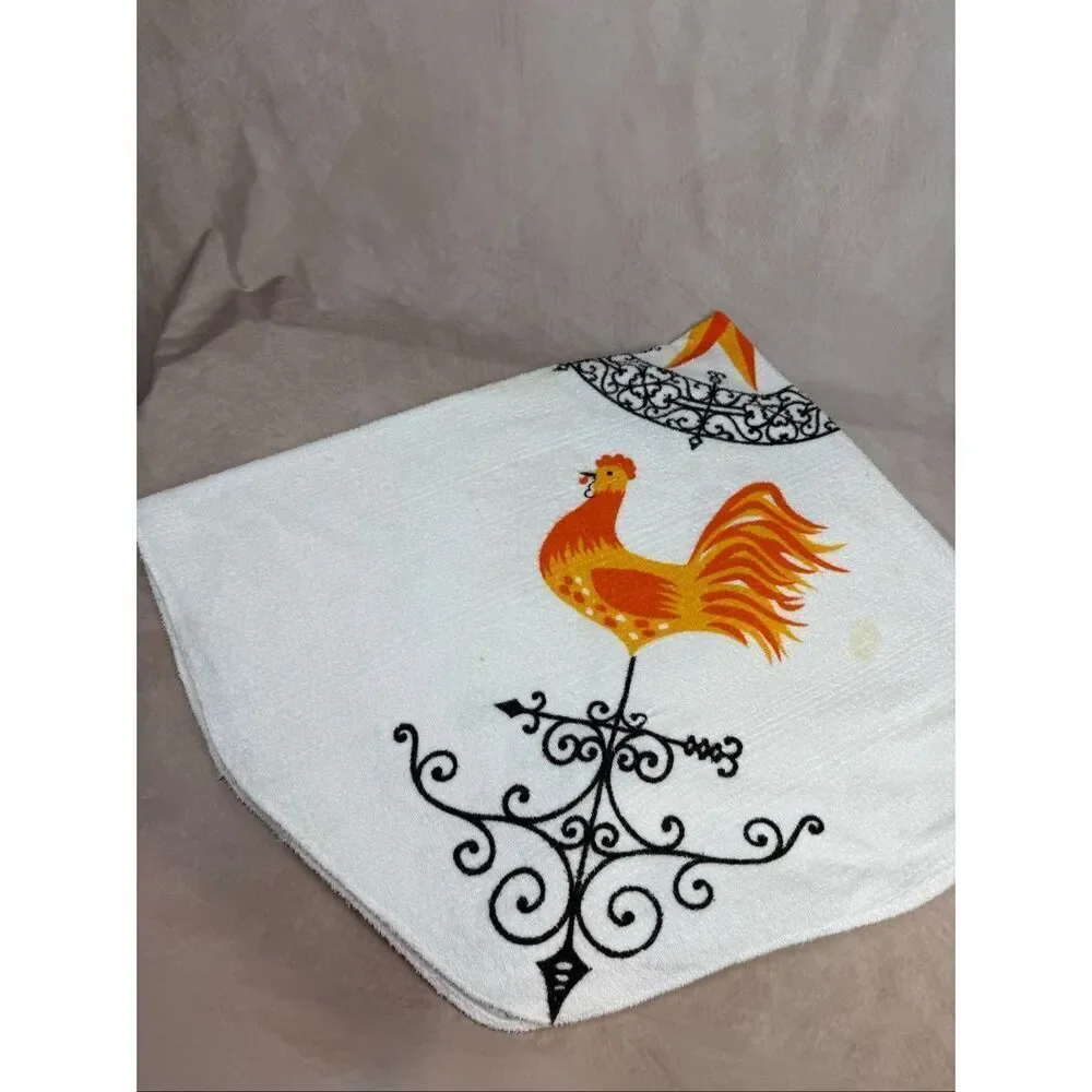 Vintage Terrycloth Chicken Rooster Tablecloth MCM Mod READ